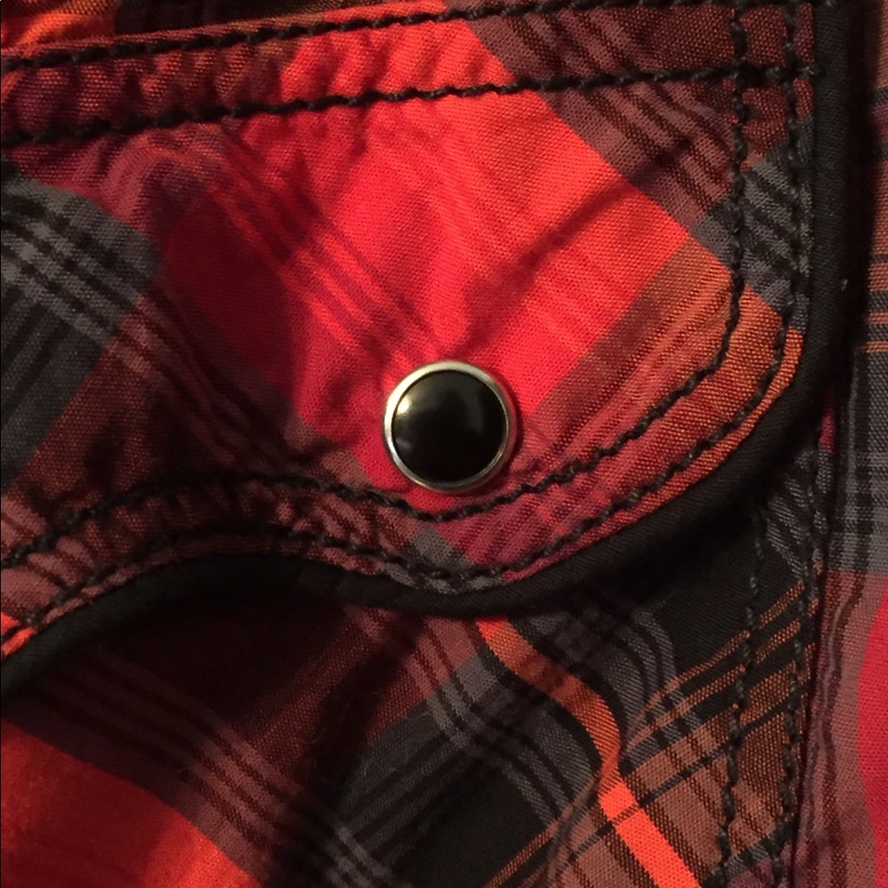 Red, orange and black snap front western shirt. - Picture 4 of 5